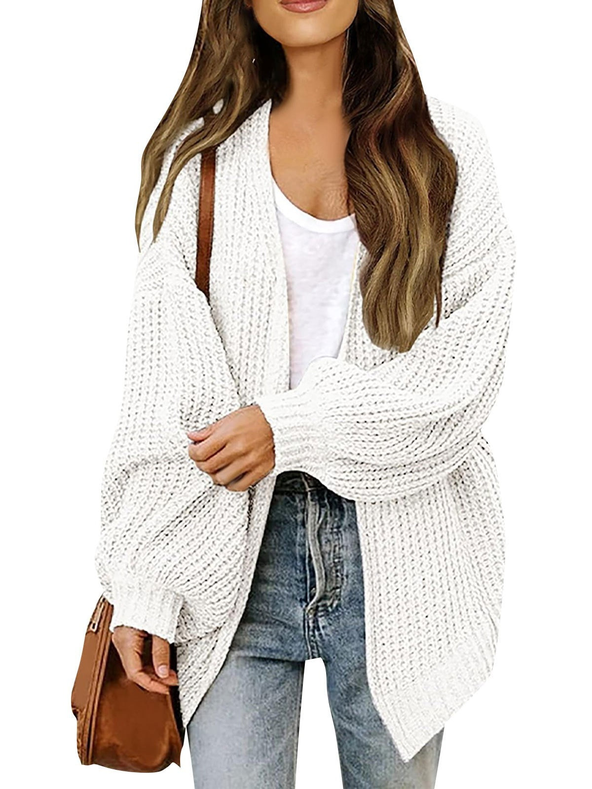 Chunky Knit Open Front Cardigan with Balloon Sleeves - White