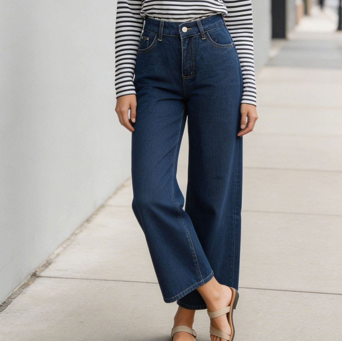 High Waist Wide Leg Cropped Denim Jeans - Blue