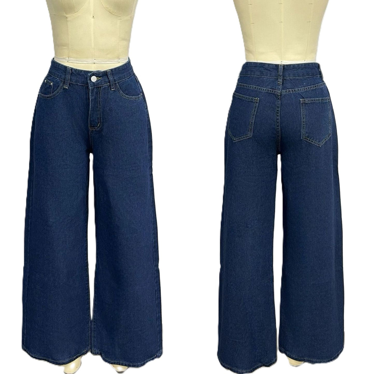 High Waist Wide Leg Cropped Denim Jeans - Blue - 1