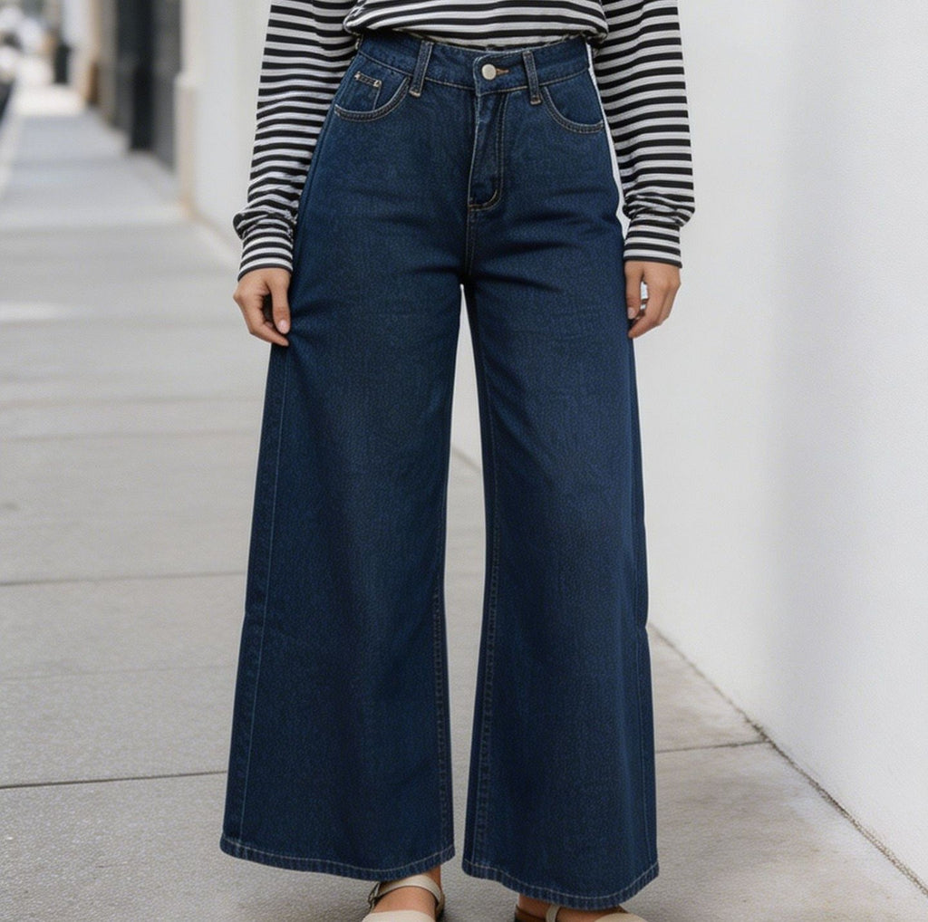 High Waist Wide Leg Cropped Denim Jeans - Blue - 2