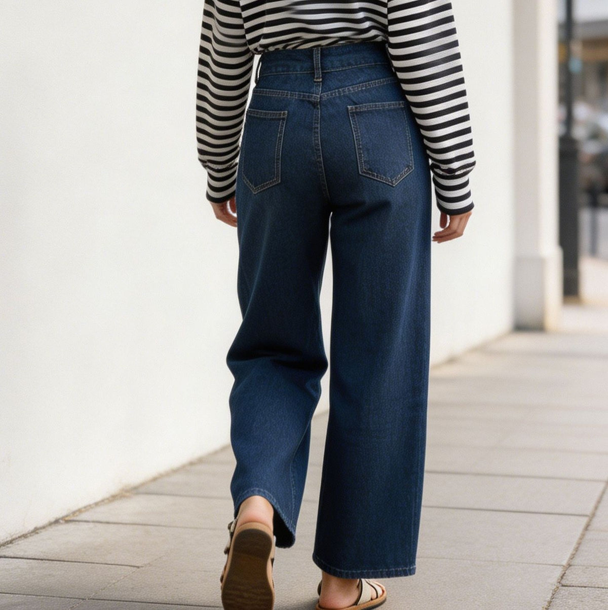 High Waist Wide Leg Cropped Denim Jeans - Blue - 3