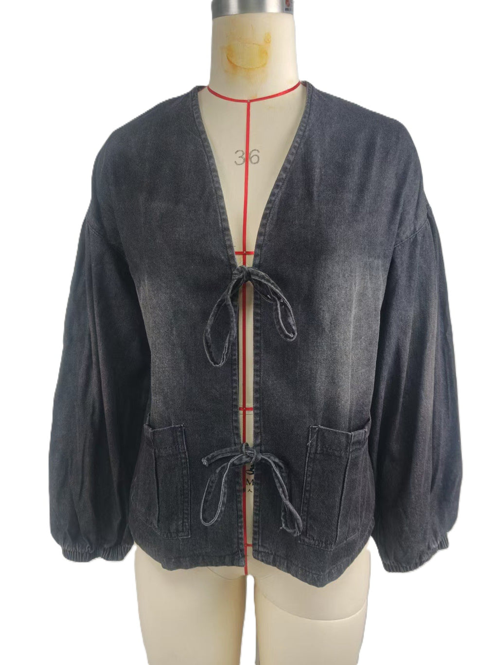 Bow Tie Front Balloon Sleeve Denim Jacket - Black