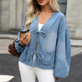 Bow Tie Front Balloon Sleeve Denim Jacket - Blue
