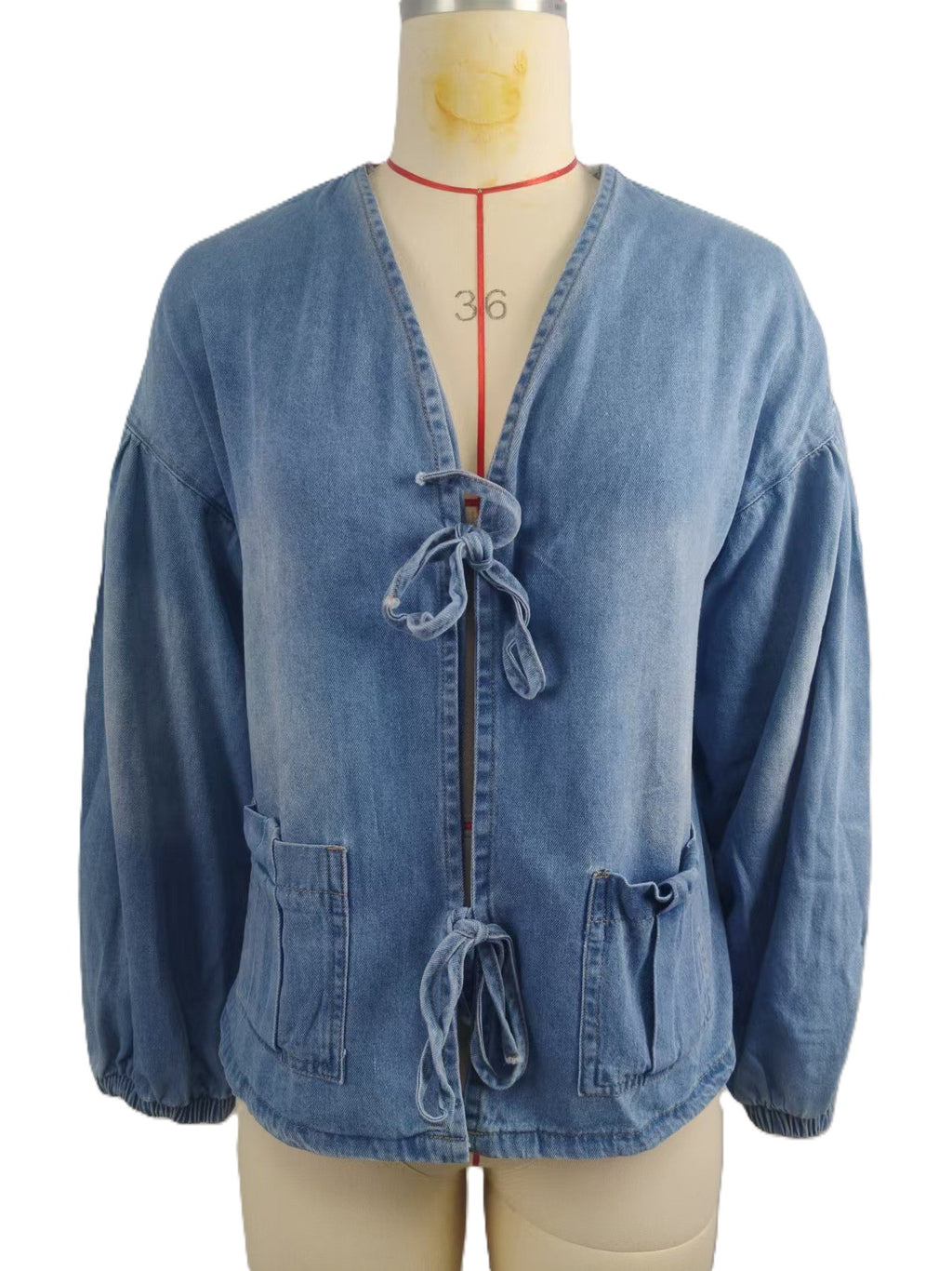 Bow Tie Front Balloon Sleeve Denim Jacket - Blue - 1