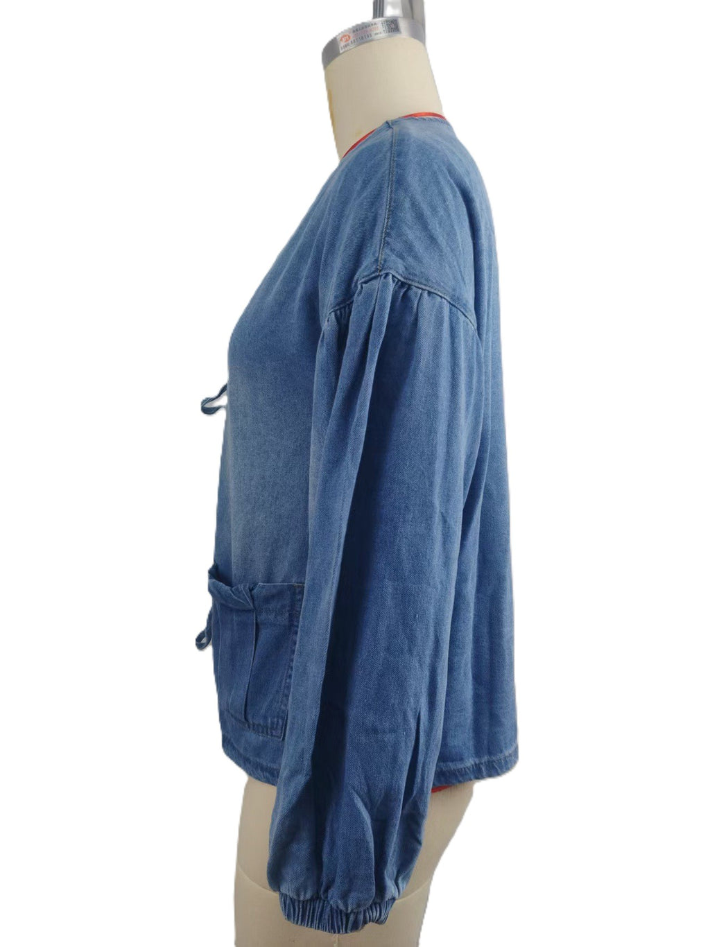 Bow Tie Front Balloon Sleeve Denim Jacket - Blue - 2