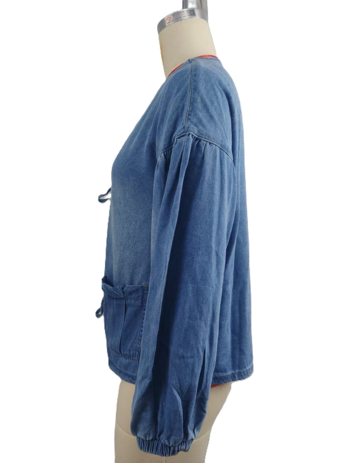 Bow Tie Front Balloon Sleeve Denim Jacket - Blue - 2
