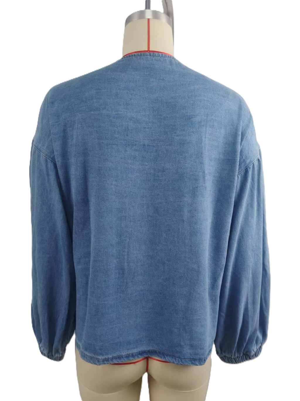 Bow Tie Front Balloon Sleeve Denim Jacket - Blue - 3