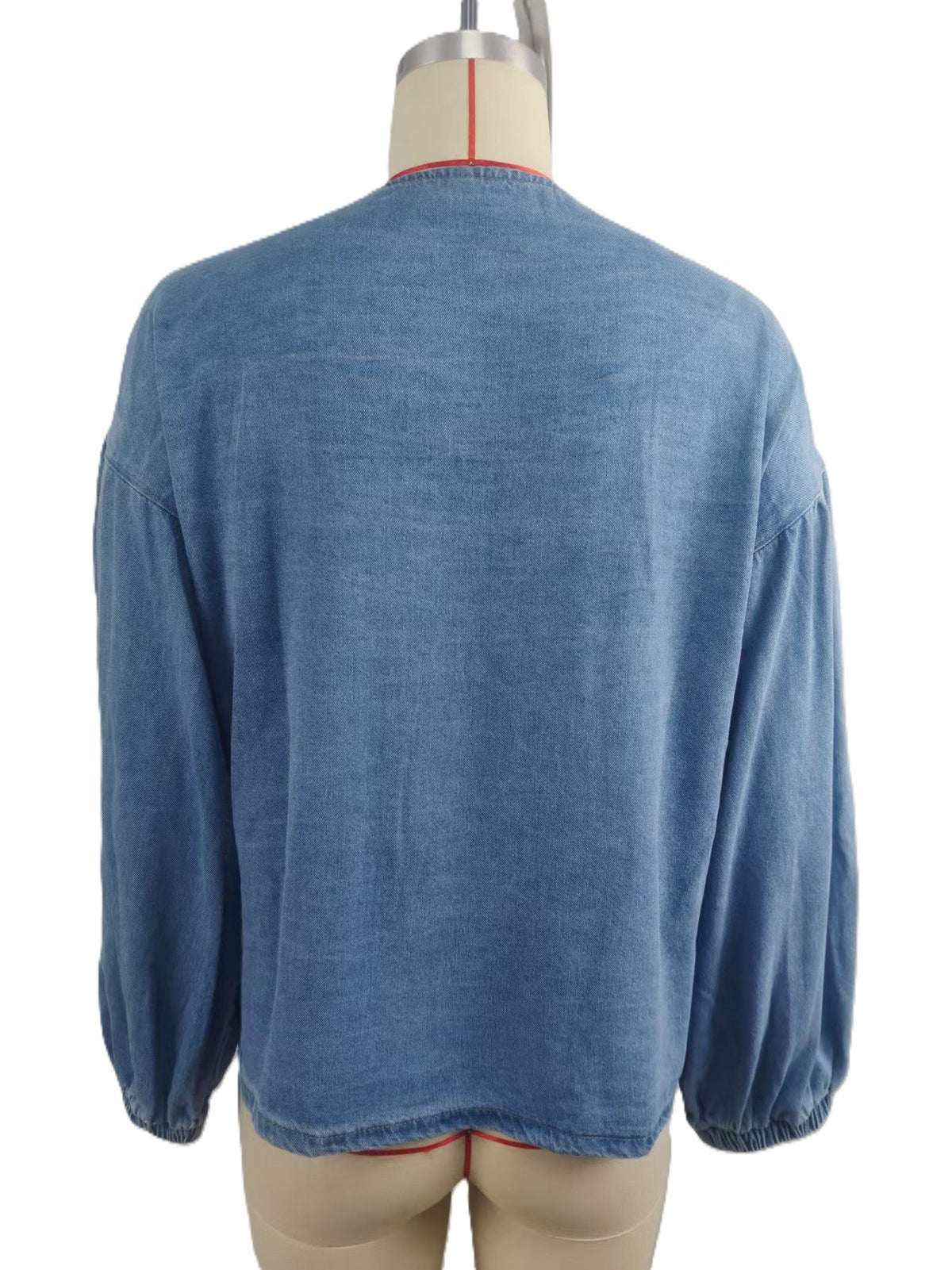 Bow Tie Front Balloon Sleeve Denim Jacket - Blue - 3
