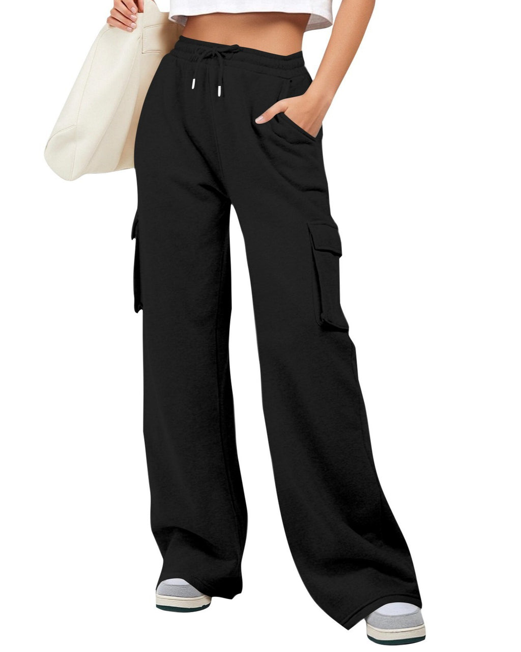 Wide Leg Cargo Sweatpants With Side Pockets - Black