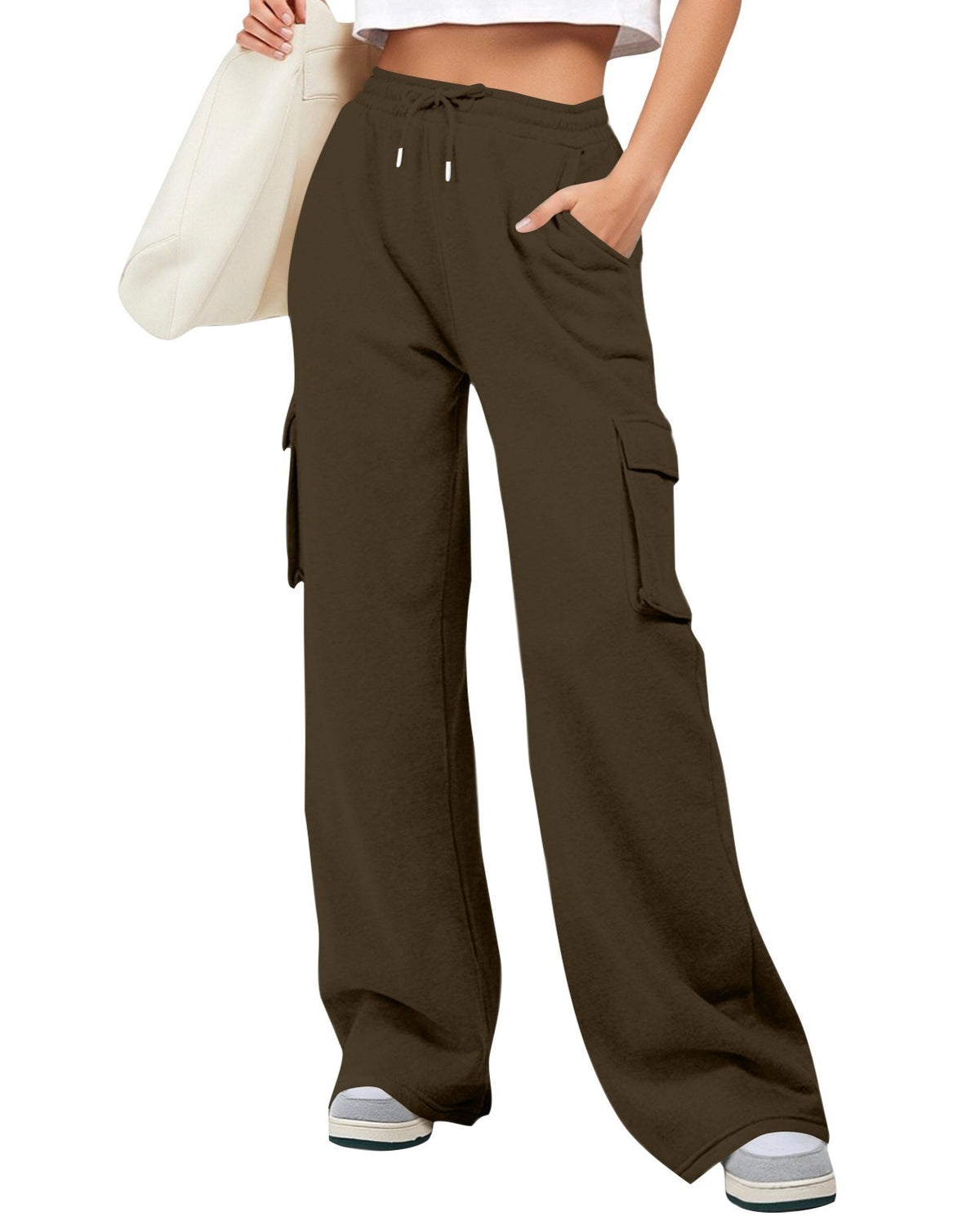 Wide Leg Cargo Sweatpants With Side Pockets - Coffee