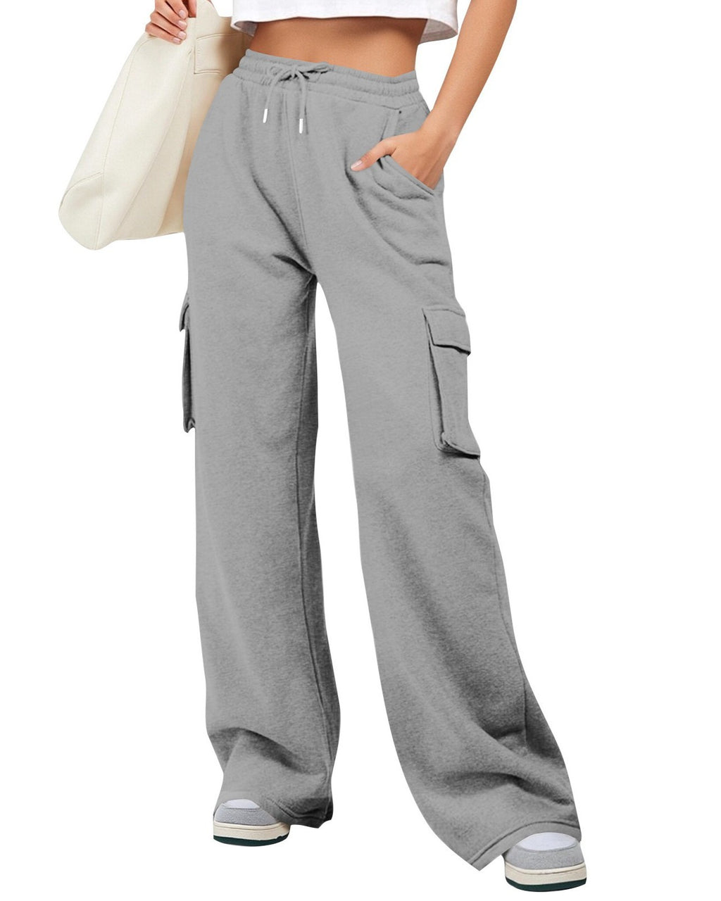Wide Leg Cargo Sweatpants With Side Pockets - Grey