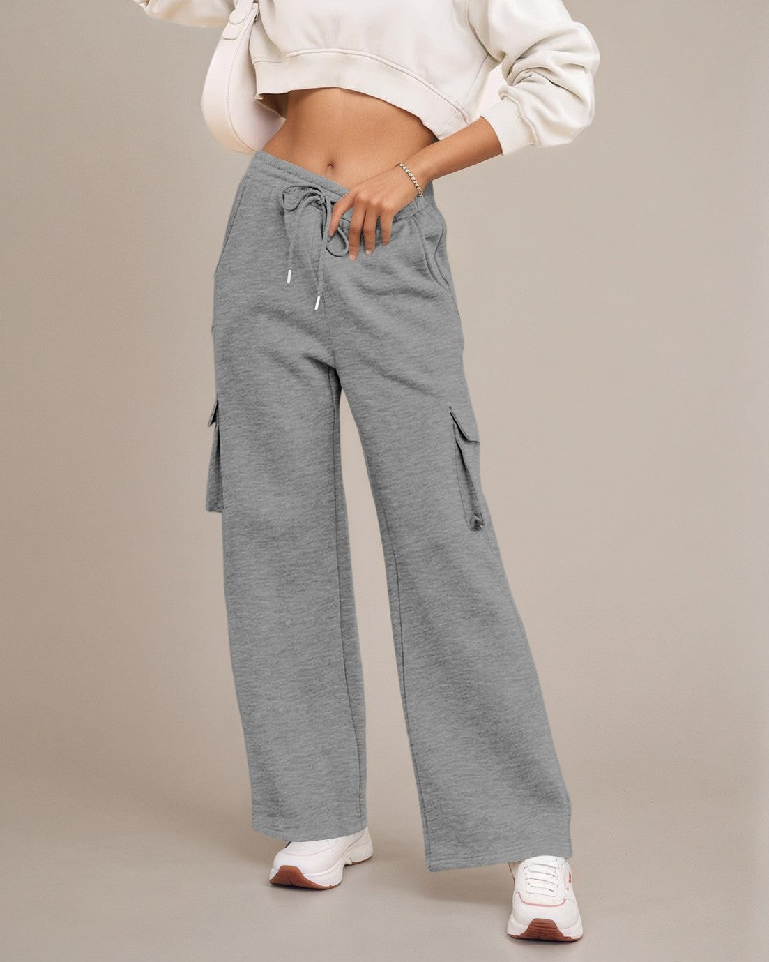 Wide Leg Cargo Sweatpants With Side Pockets - Grey - 2