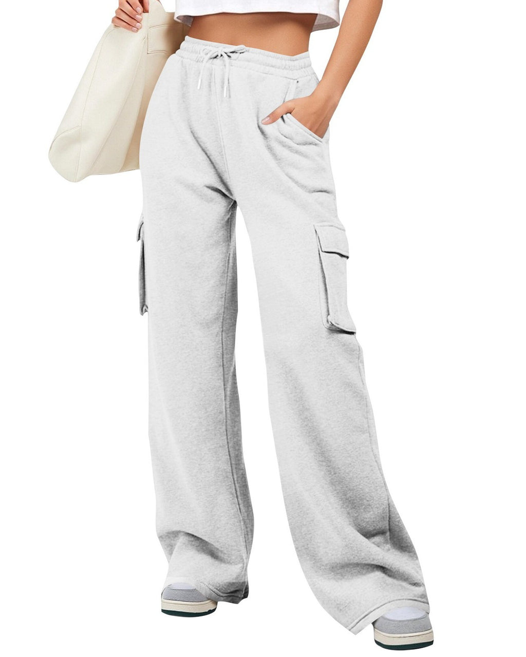 Wide Leg Cargo Sweatpants With Side Pockets - Light-Gray