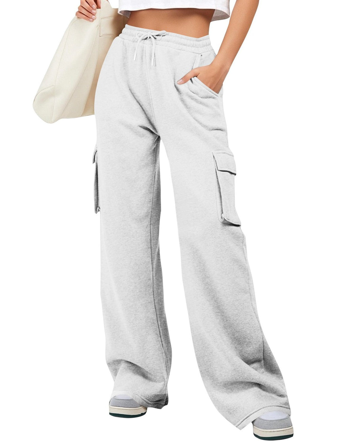 Wide Leg Cargo Sweatpants With Side Pockets - Light-Gray