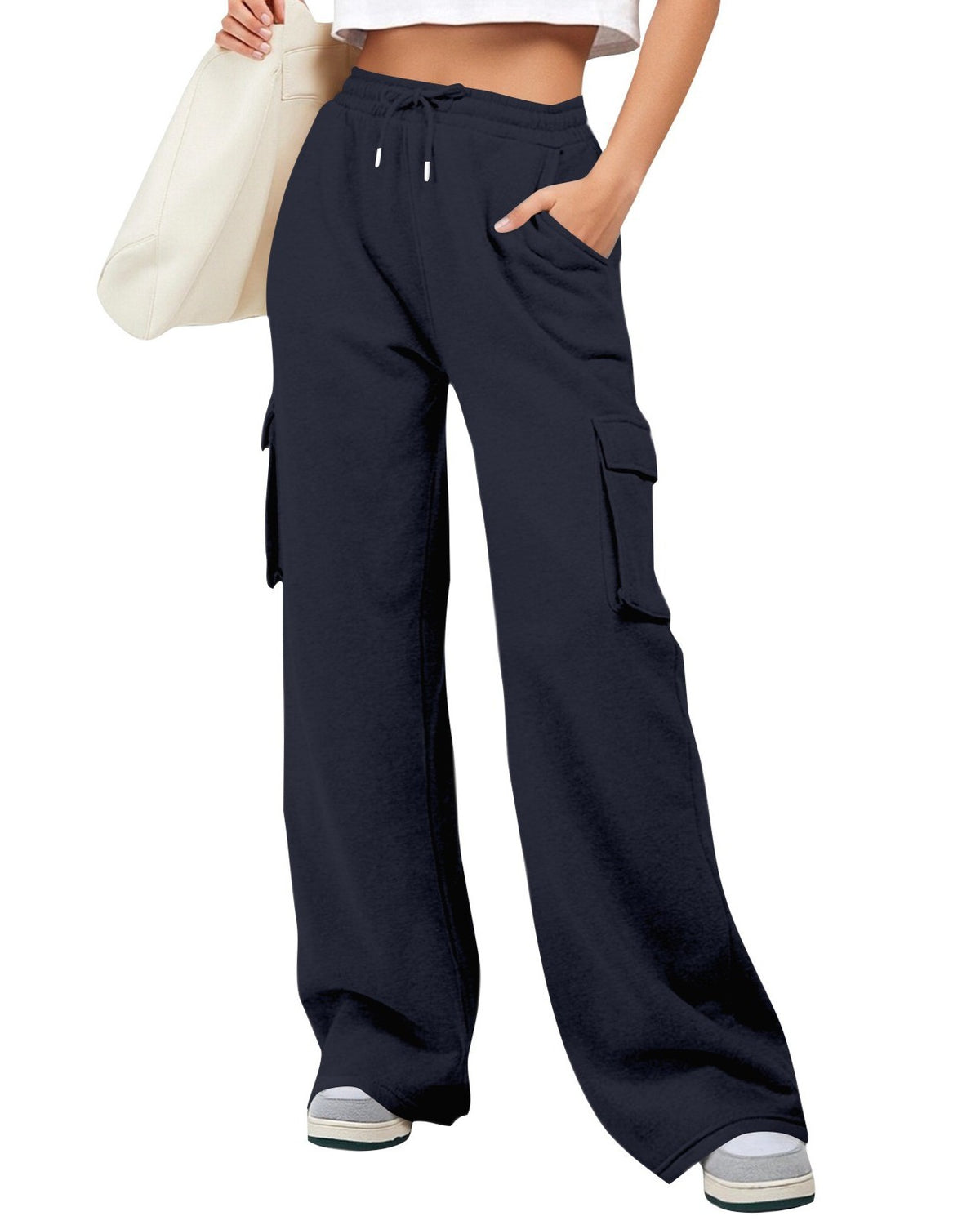 Wide Leg Cargo Sweatpants With Side Pockets - Navy-Blue