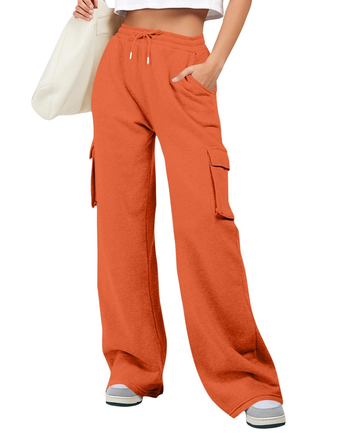 Wide Leg Cargo Sweatpants With Side Pockets - Orange