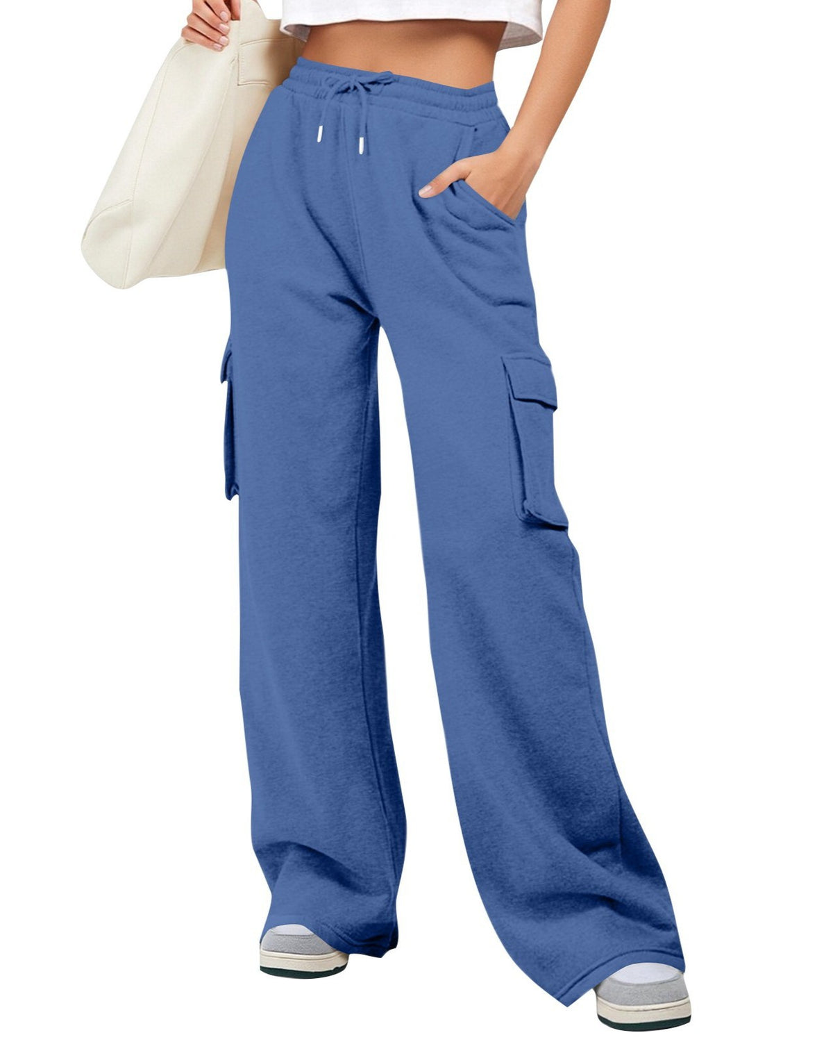 Wide Leg Cargo Sweatpants With Side Pockets - TBlue