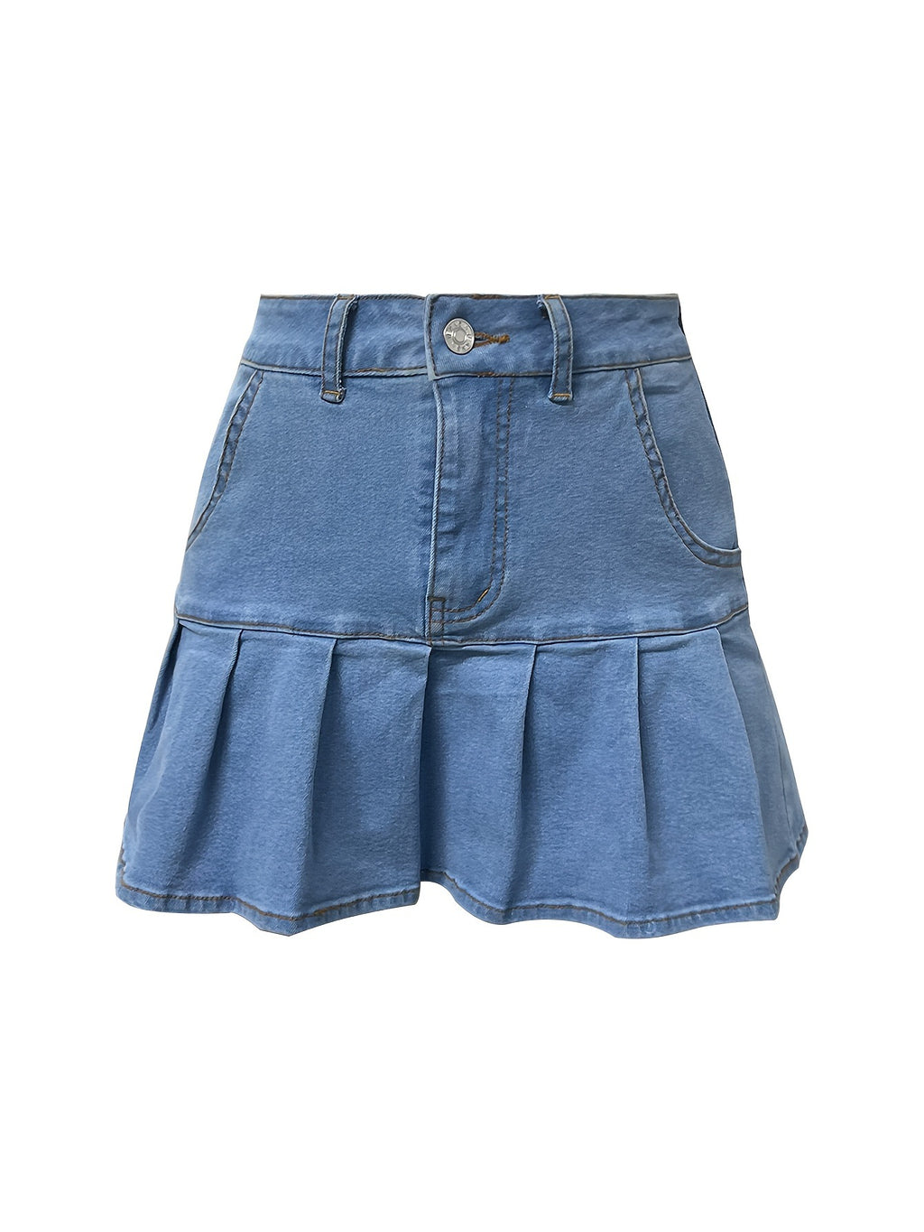 High Waisted Pleated Denim Mini Skirt - Blue - 1