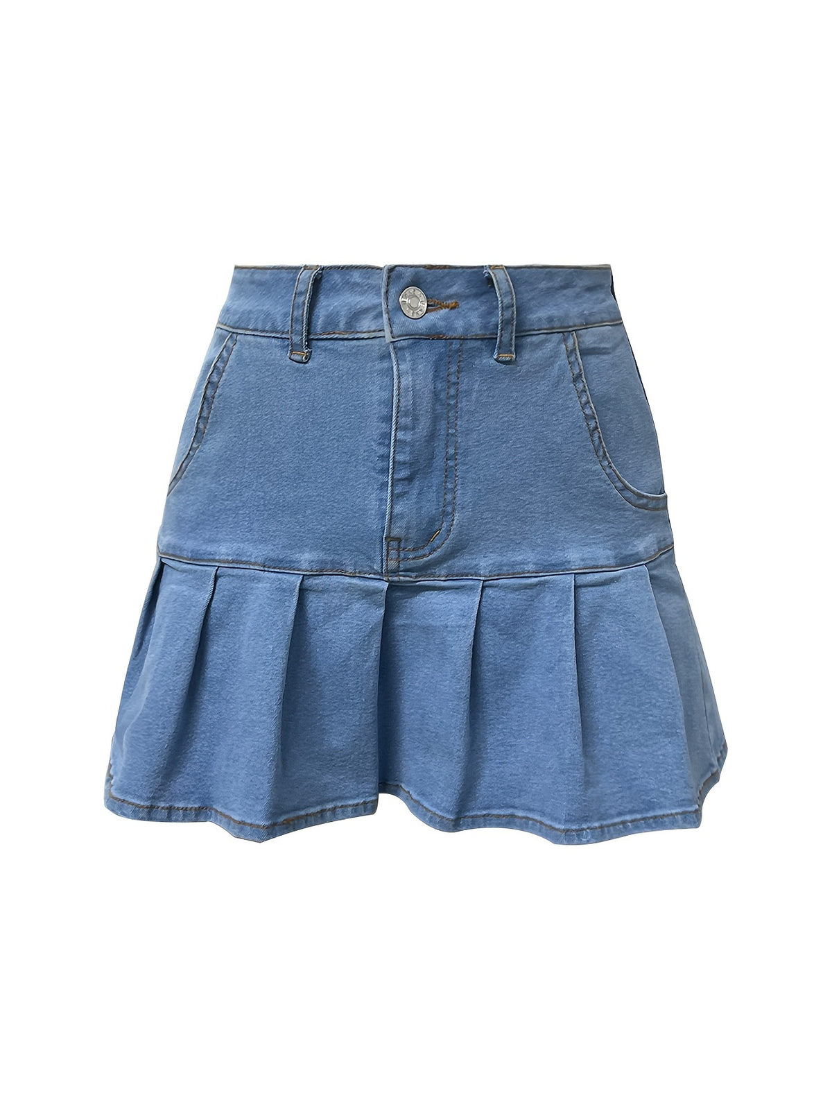 High Waisted Pleated Denim Mini Skirt - Blue - 1