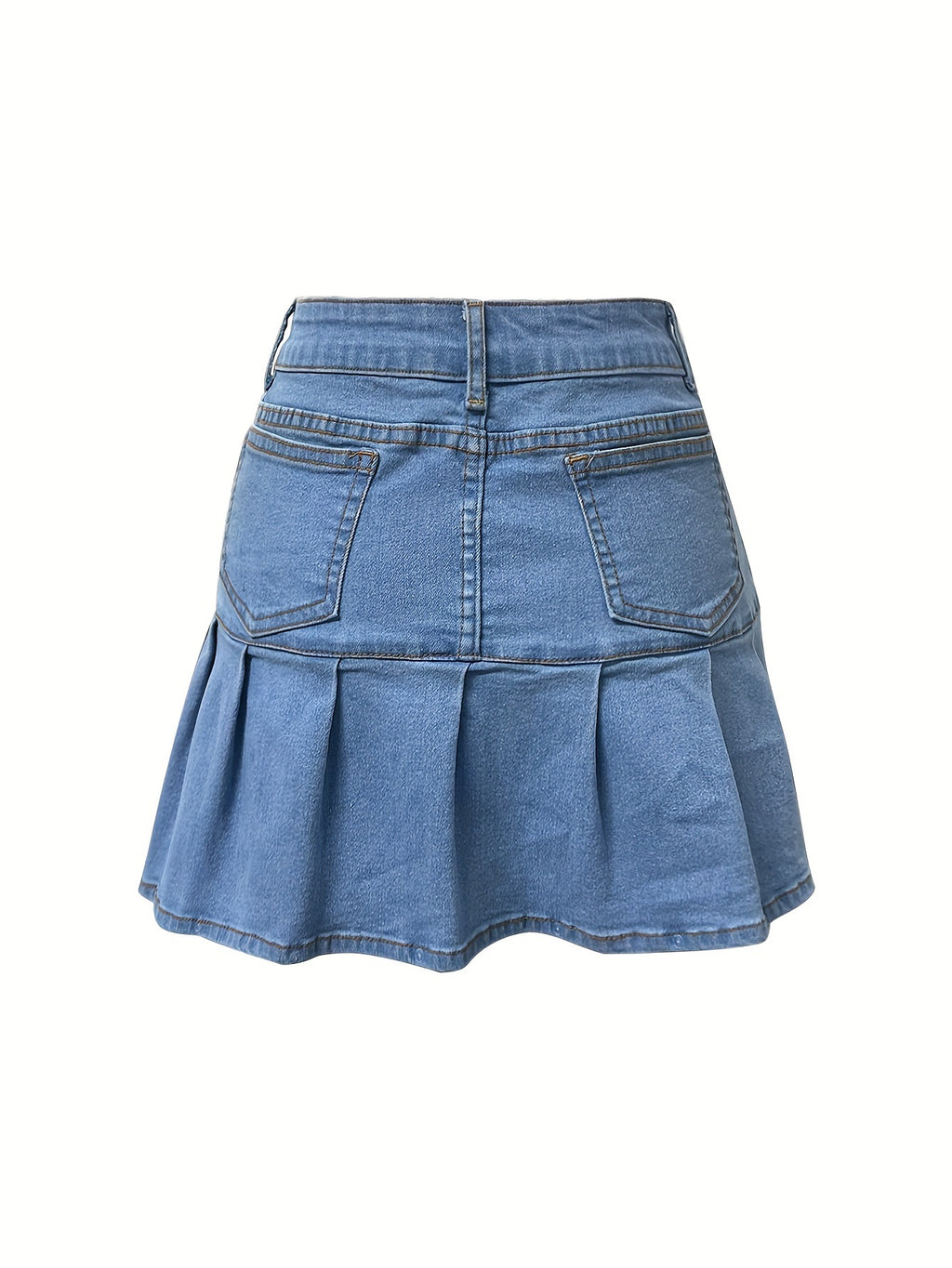 High Waisted Pleated Denim Mini Skirt - Blue - 2