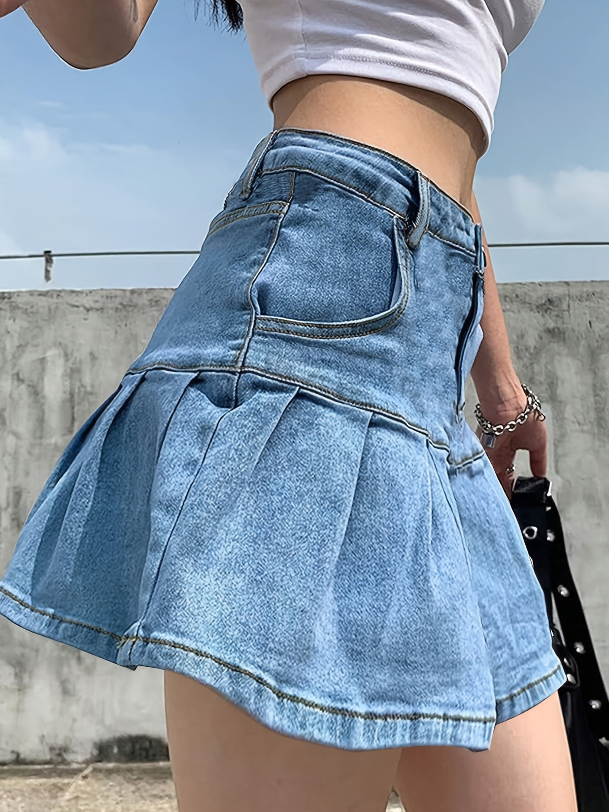 High Waisted Pleated Denim Mini Skirt - Blue - 3