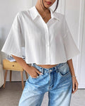 Textured Flare Sleeve Cropped Shirt - White