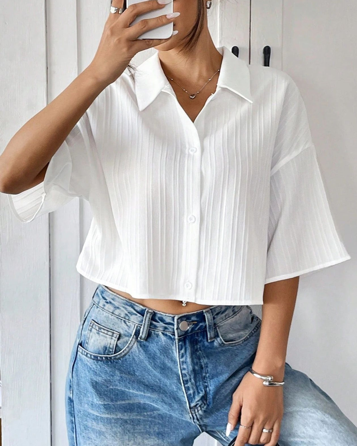 Textured Flare Sleeve Cropped Shirt - White - 1