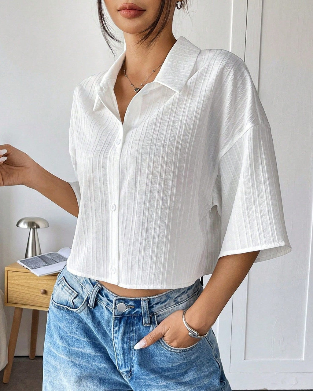 Textured Flare Sleeve Cropped Shirt - White - 2