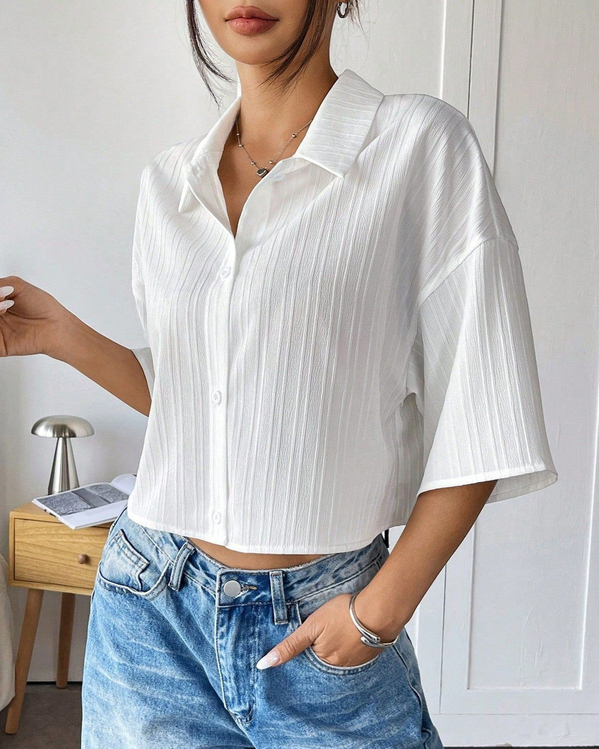 Textured Flare Sleeve Cropped Shirt - White - 2
