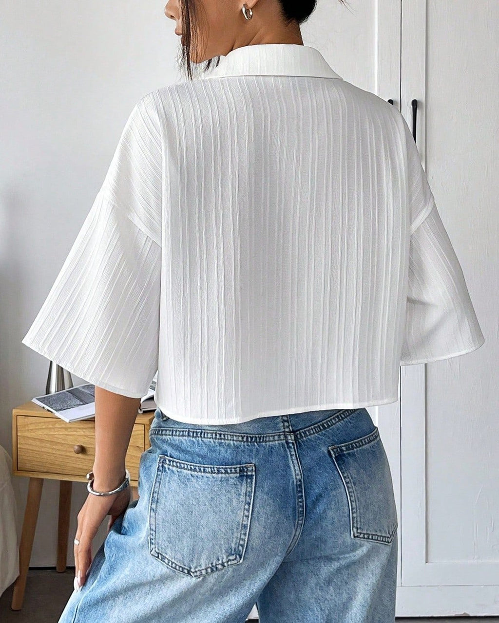 Textured Flare Sleeve Cropped Shirt - White - 3
