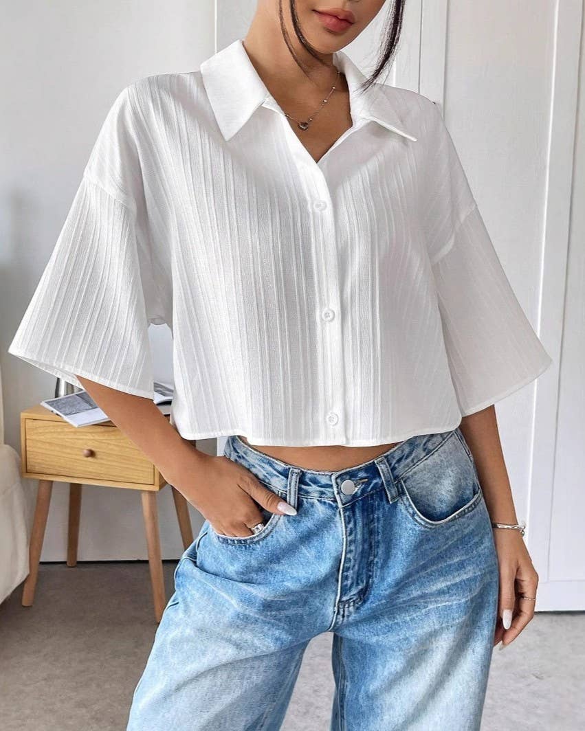 Textured Flare Sleeve Cropped Shirt