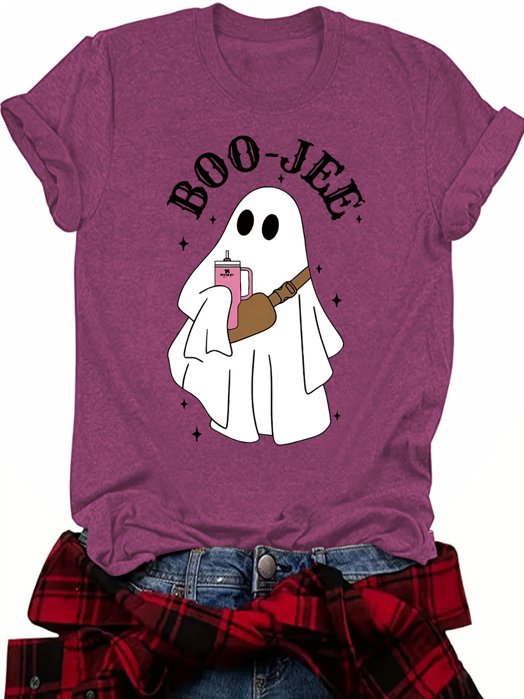 Retro Ghost With Handbag Halloween Tee - Berry