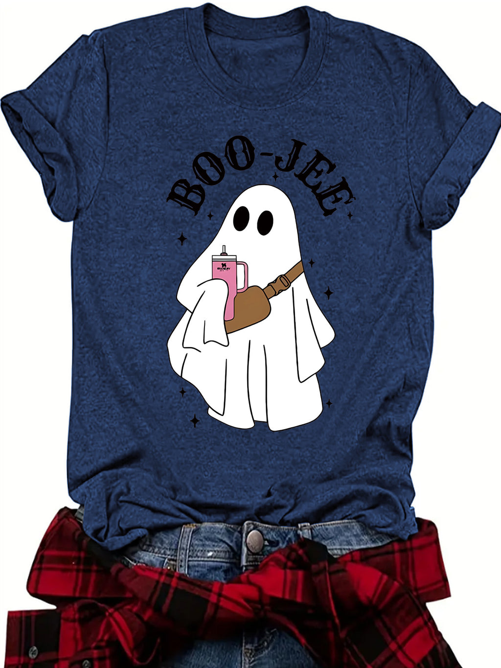 Retro Ghost With Handbag Halloween Tee - Blue