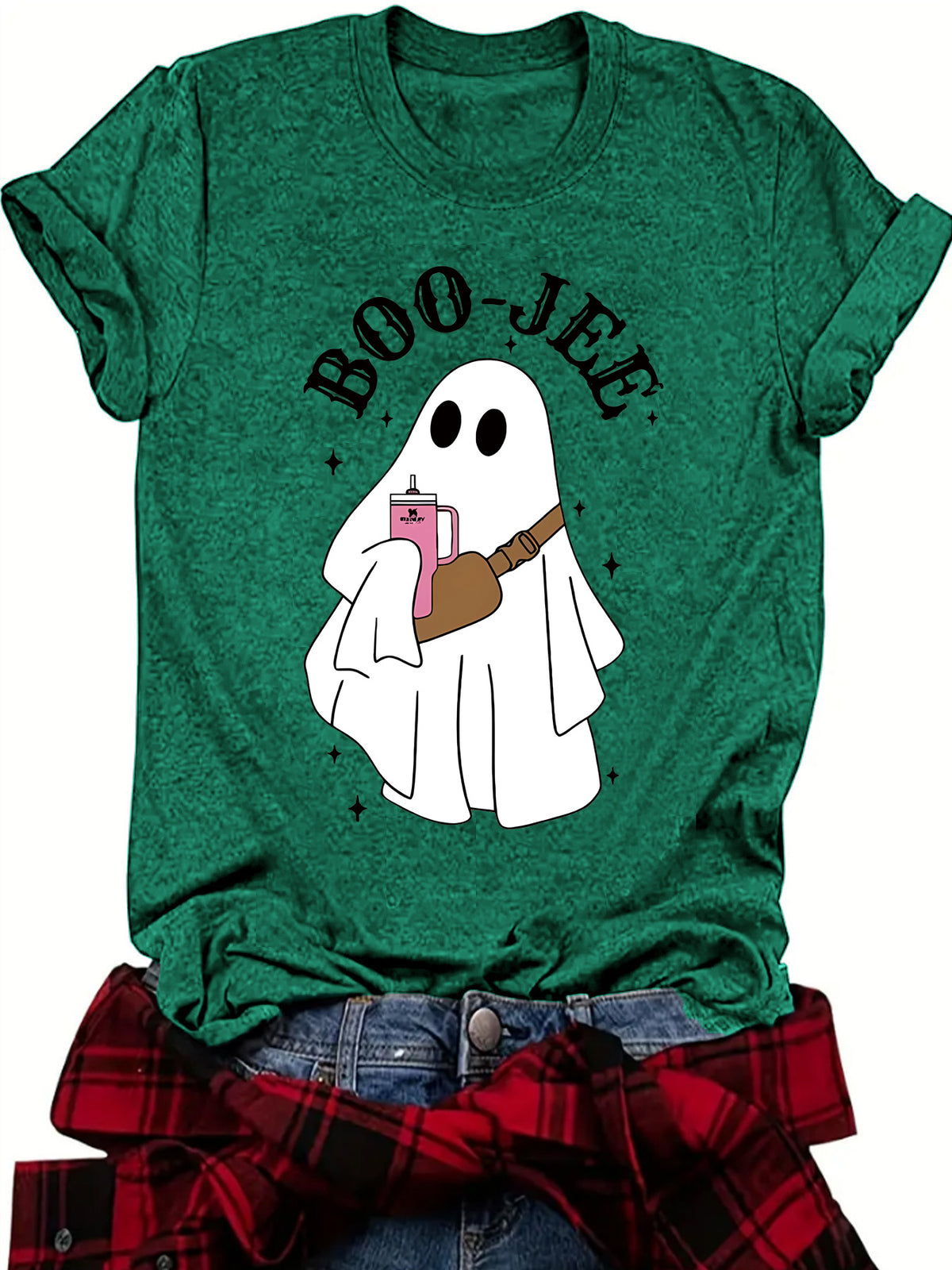 Retro Ghost With Handbag Halloween Tee - Green
