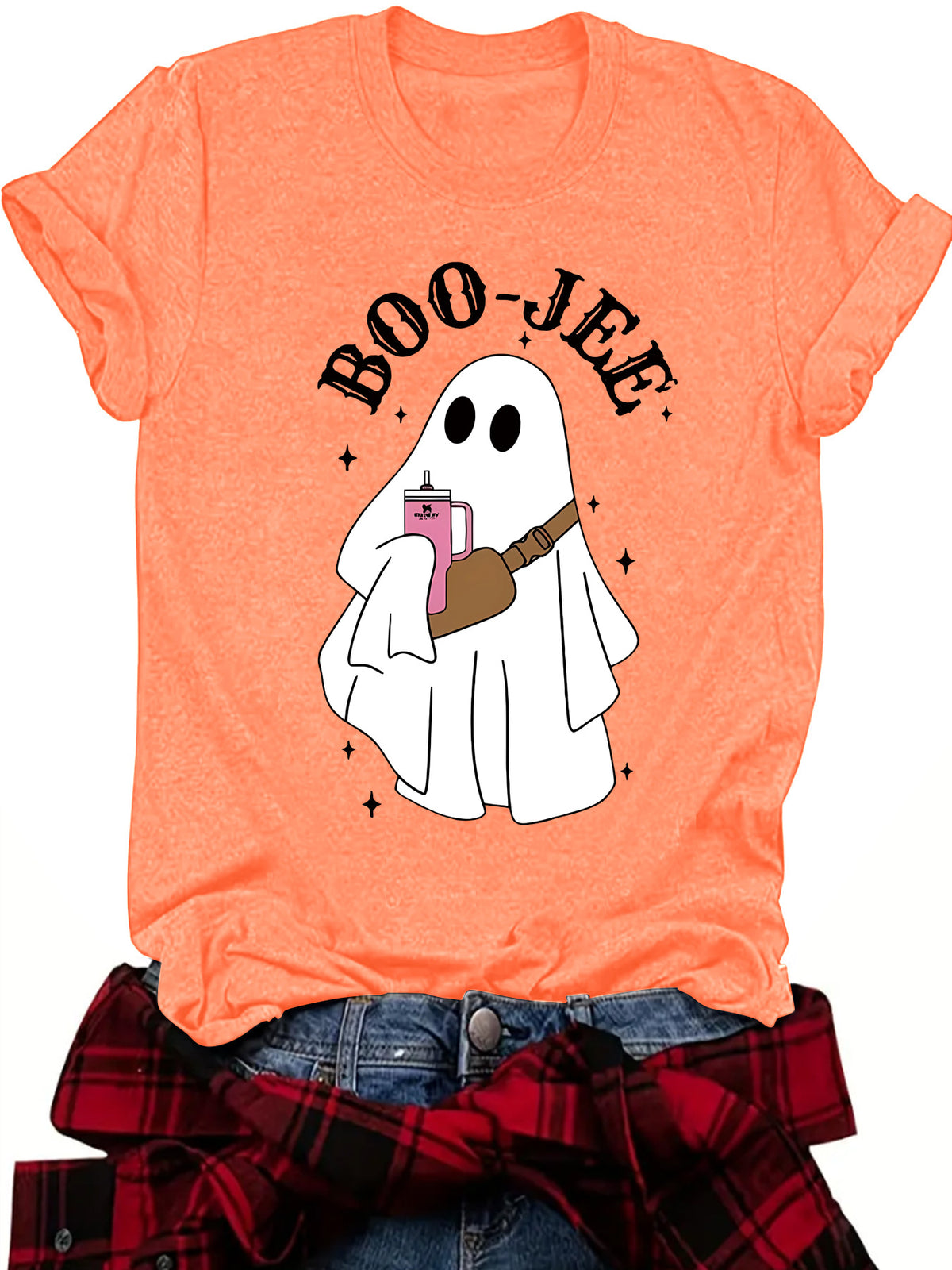 Retro Ghost With Handbag Halloween Tee - Orange