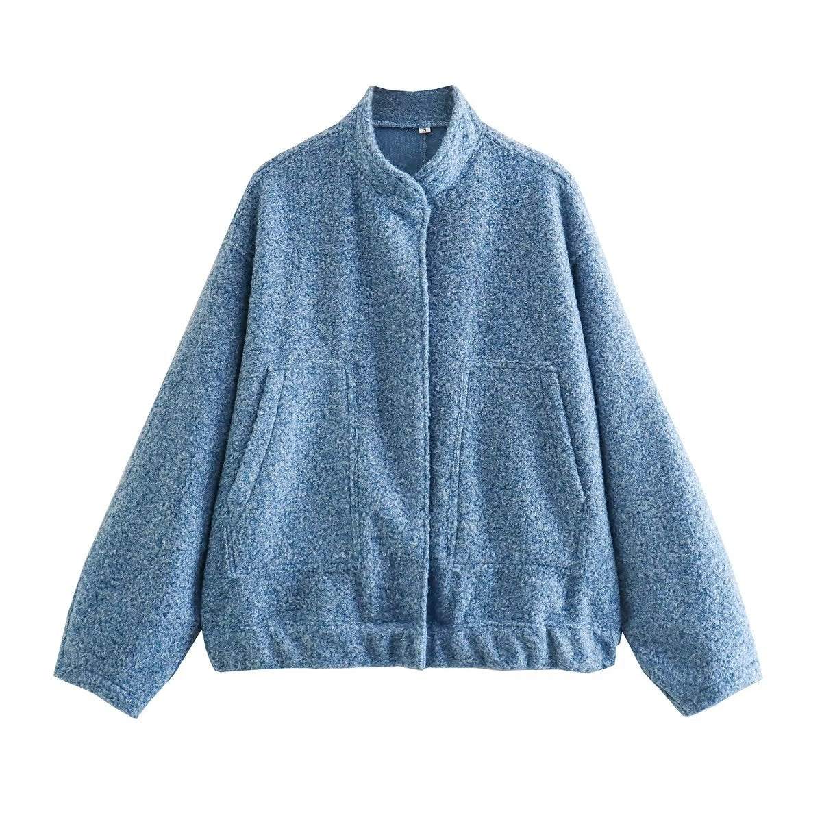 Oversized Wool Blend Bomber Coat - Blue