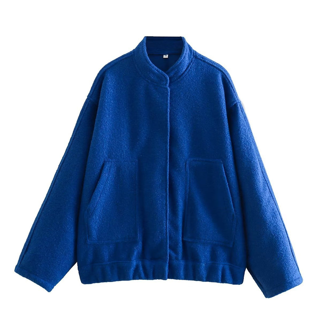 Oversized Wool Blend Bomber Coat - DarkBlue