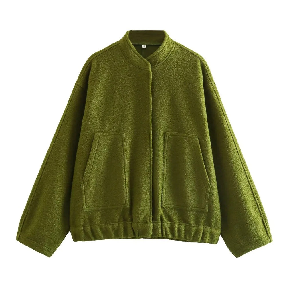 Oversized Wool Blend Bomber Coat - MilitaryGreen