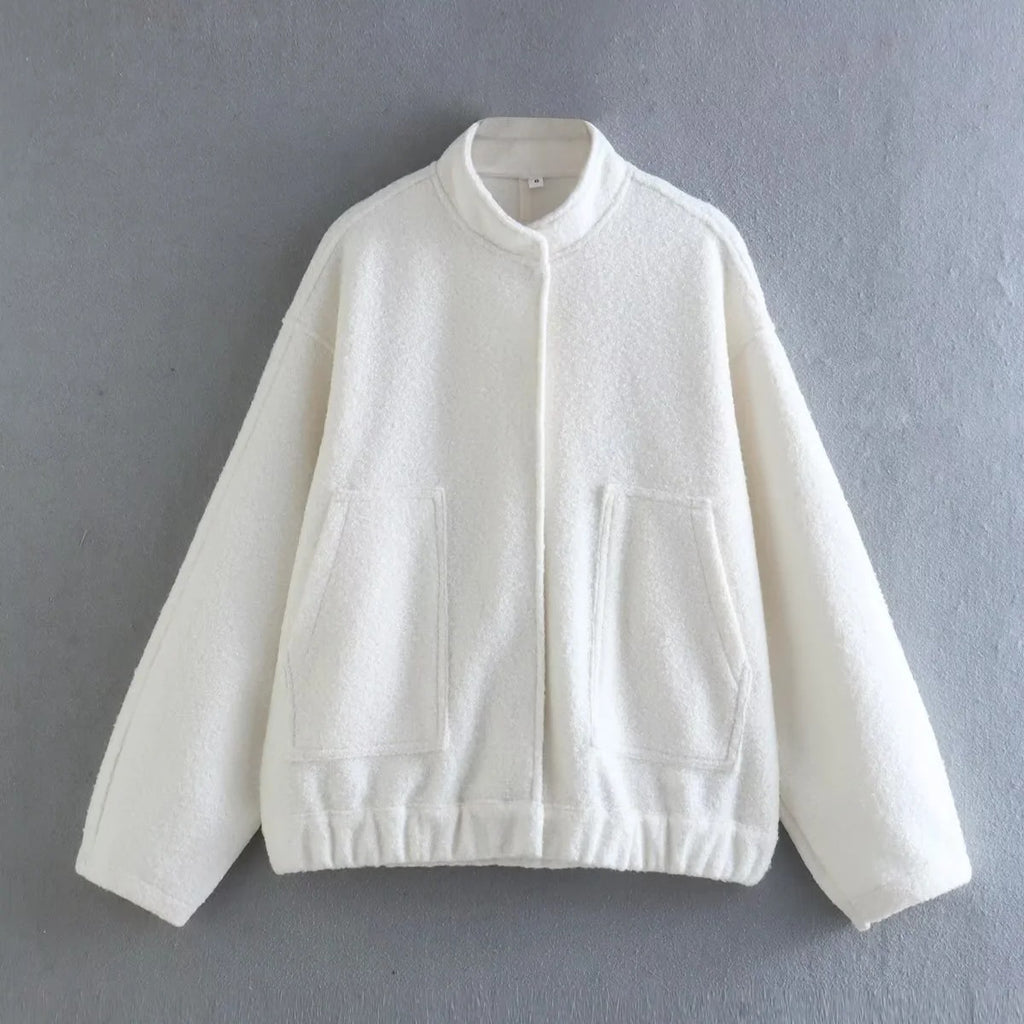 Oversized Wool Blend Bomber Coat - White