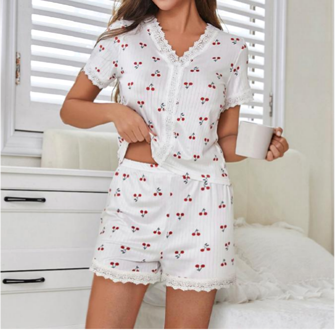 Cherry Print Lace Trim Lounge Shorts Set - White - 3