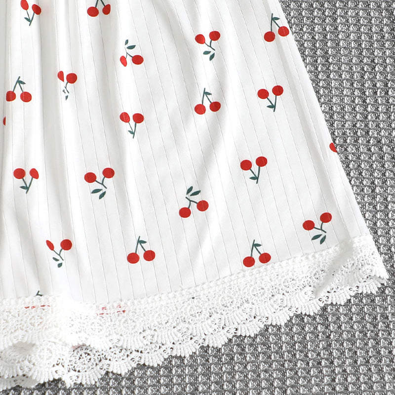 Cherry Print Lace Trim Lounge Shorts Set - White - 5