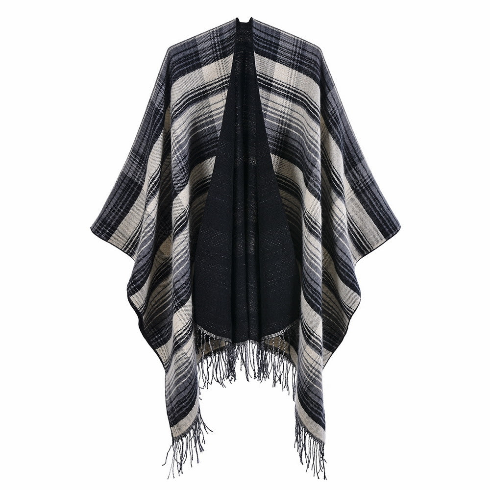 Reversible Striped Plaid Fringed Poncho - Black