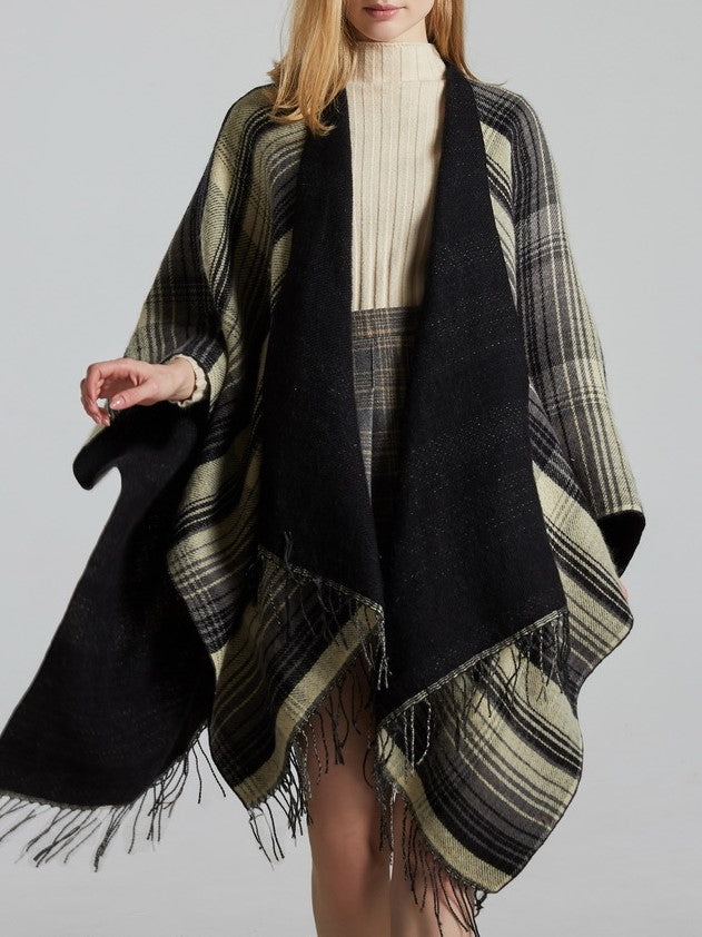 Reversible Striped Plaid Fringed Poncho - Black - 1