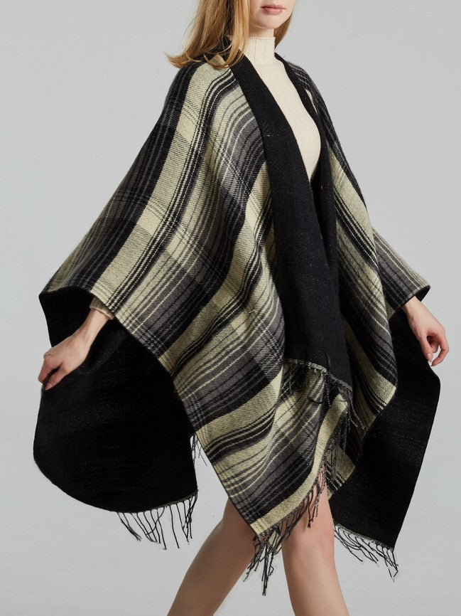Reversible Striped Plaid Fringed Poncho - Black - 2