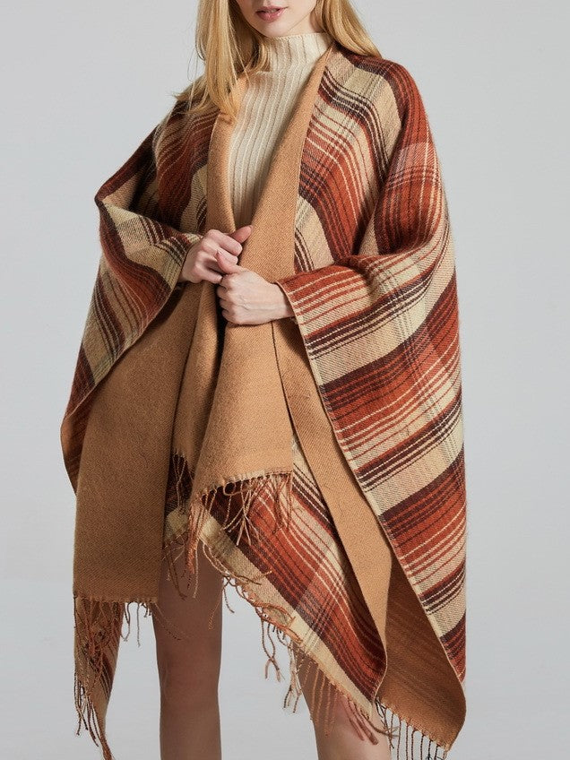 Reversible Striped Plaid Fringed Poncho - Khaki
