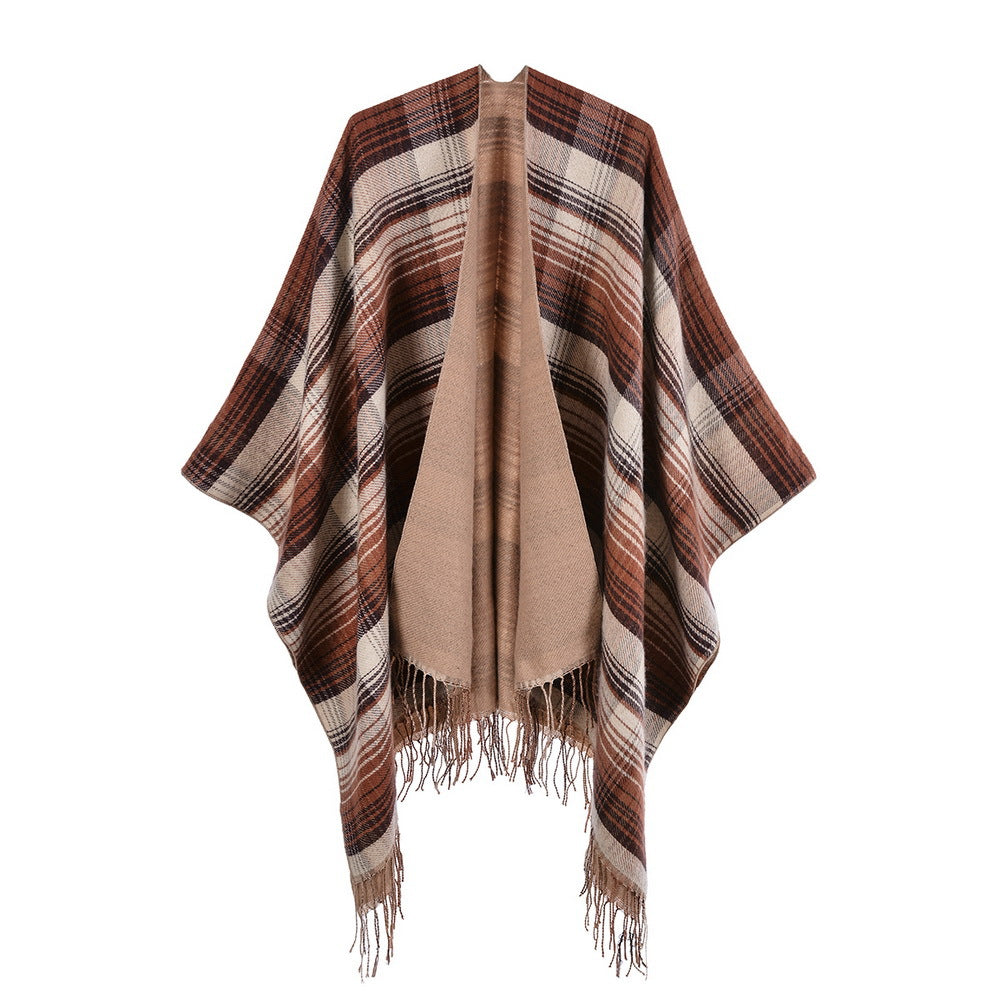Reversible Striped Plaid Fringed Poncho - Khaki - 1
