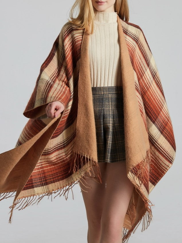 Reversible Striped Plaid Fringed Poncho - Khaki - 2