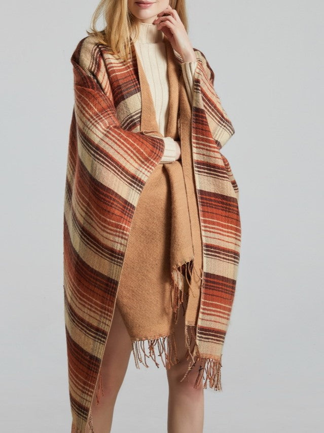 Reversible Striped Plaid Fringed Poncho - Khaki - 3
