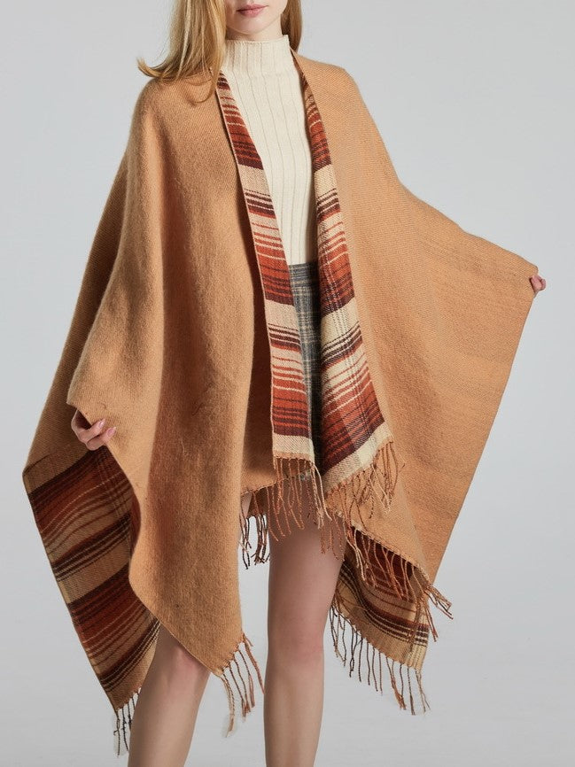 Reversible Striped Plaid Fringed Poncho - Khaki - 4