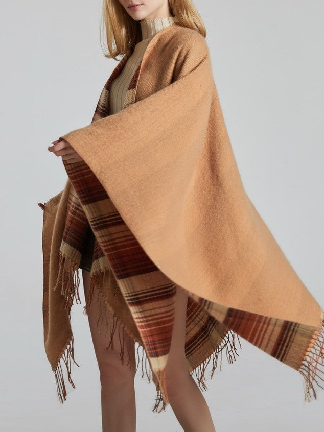 Reversible Striped Plaid Fringed Poncho - Khaki - 5